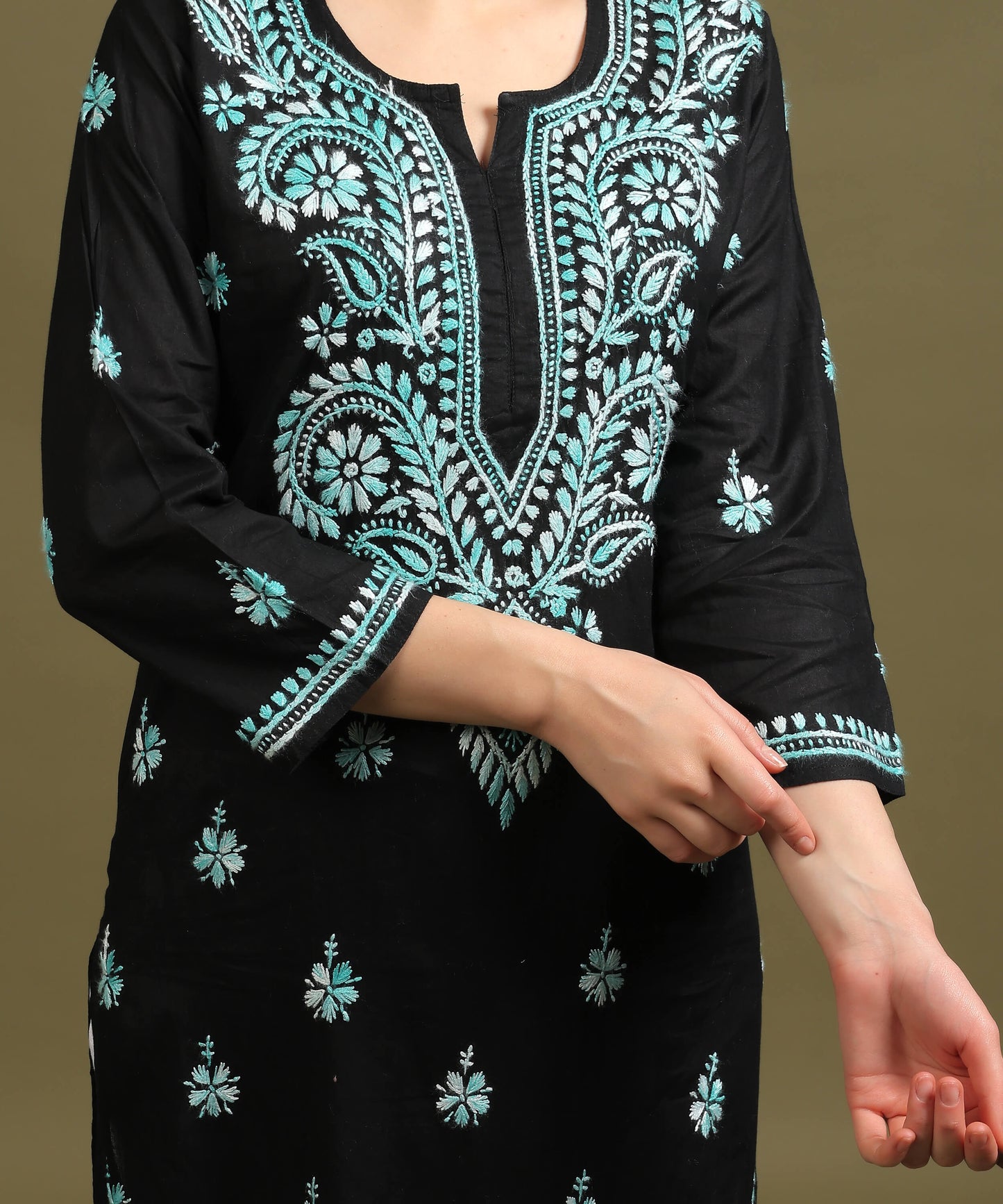 NEA Chikankari Black Cotton Kurti With Shaded Sky Blue Embroidery