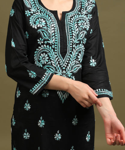 NEA Chikankari Black Cotton Kurti With Shaded Sky Blue Embroidery
