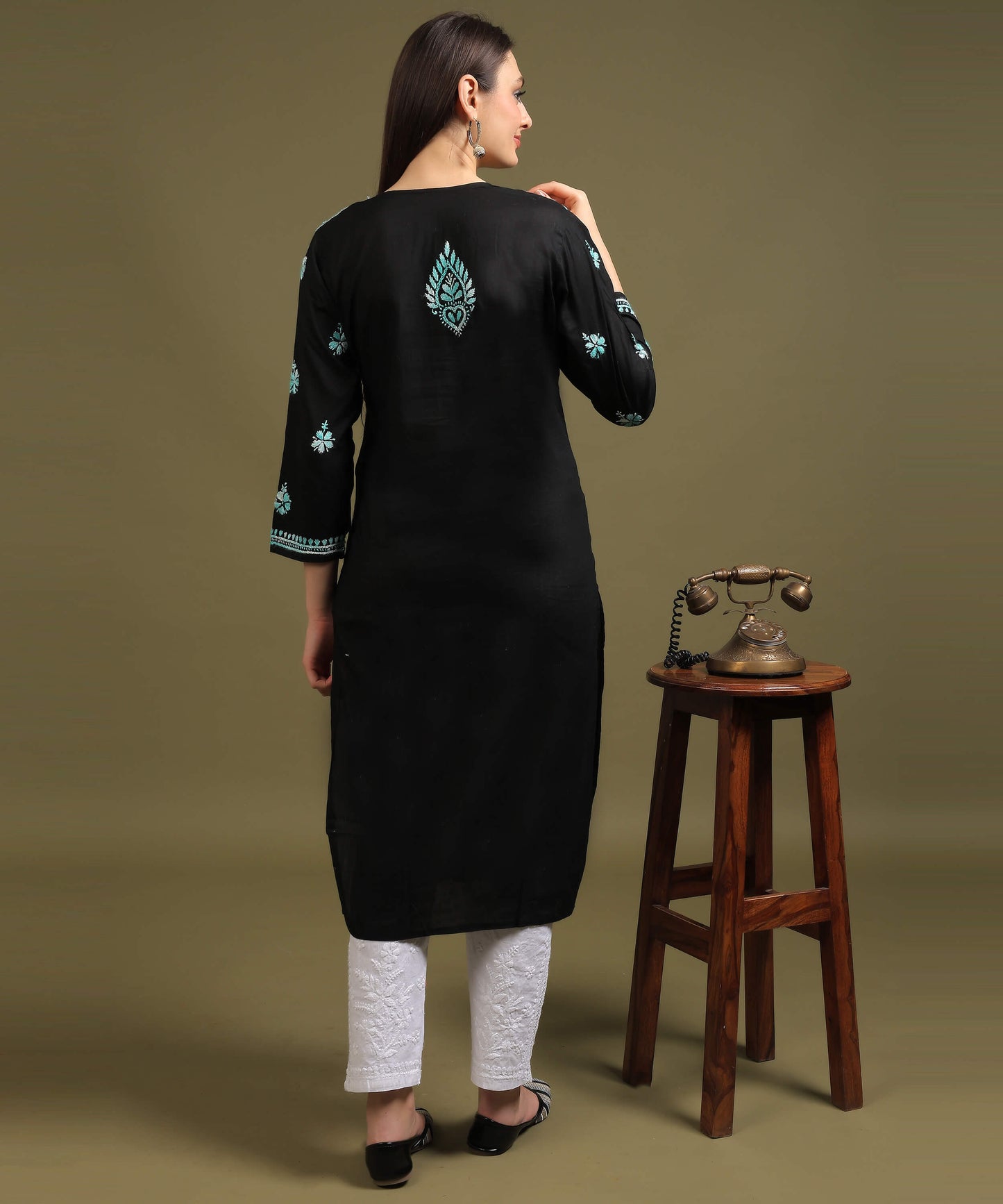 NEA Chikankari Black Cotton Kurti With Shaded Sky Blue Embroidery