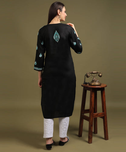 NEA Chikankari Black Cotton Kurti With Shaded Sky Blue Embroidery