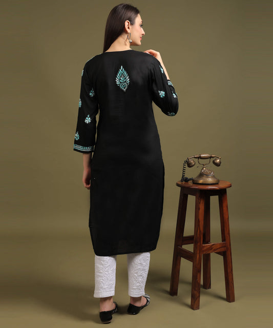 NEA Chikankari Black Cotton Kurti With Shaded Sky Blue Embroidery