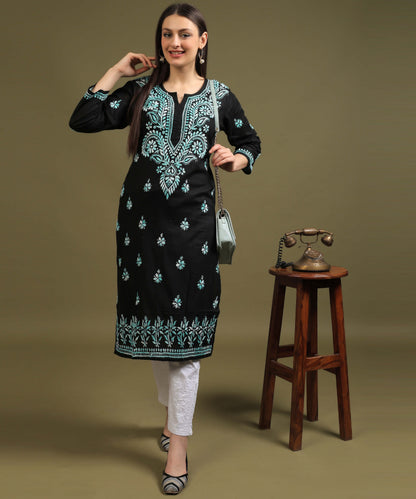 NEA Chikankari Black Cotton Kurti With Shaded Sky Blue Embroidery