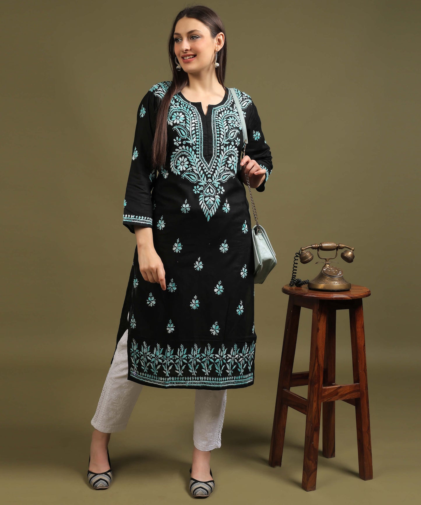 NEA Chikankari Black Cotton Kurti With Shaded Sky Blue Embroidery