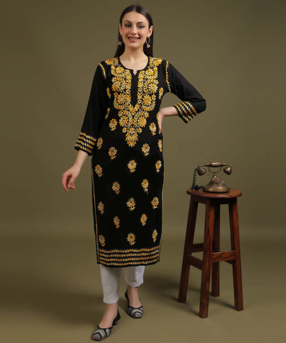 NEA Chikankari Black Rayon Kurti With Shaded Yellow Embroidery