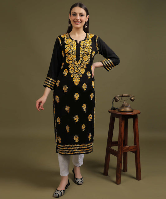 NEA Chikankari Black Rayon Kurti With Shaded Yellow Embroidery