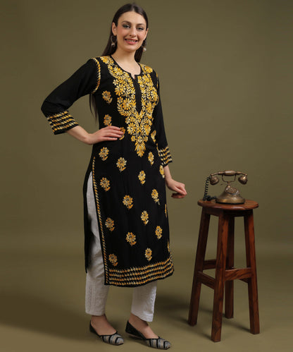 NEA Chikankari Black Rayon Kurti With Shaded Yellow Embroidery