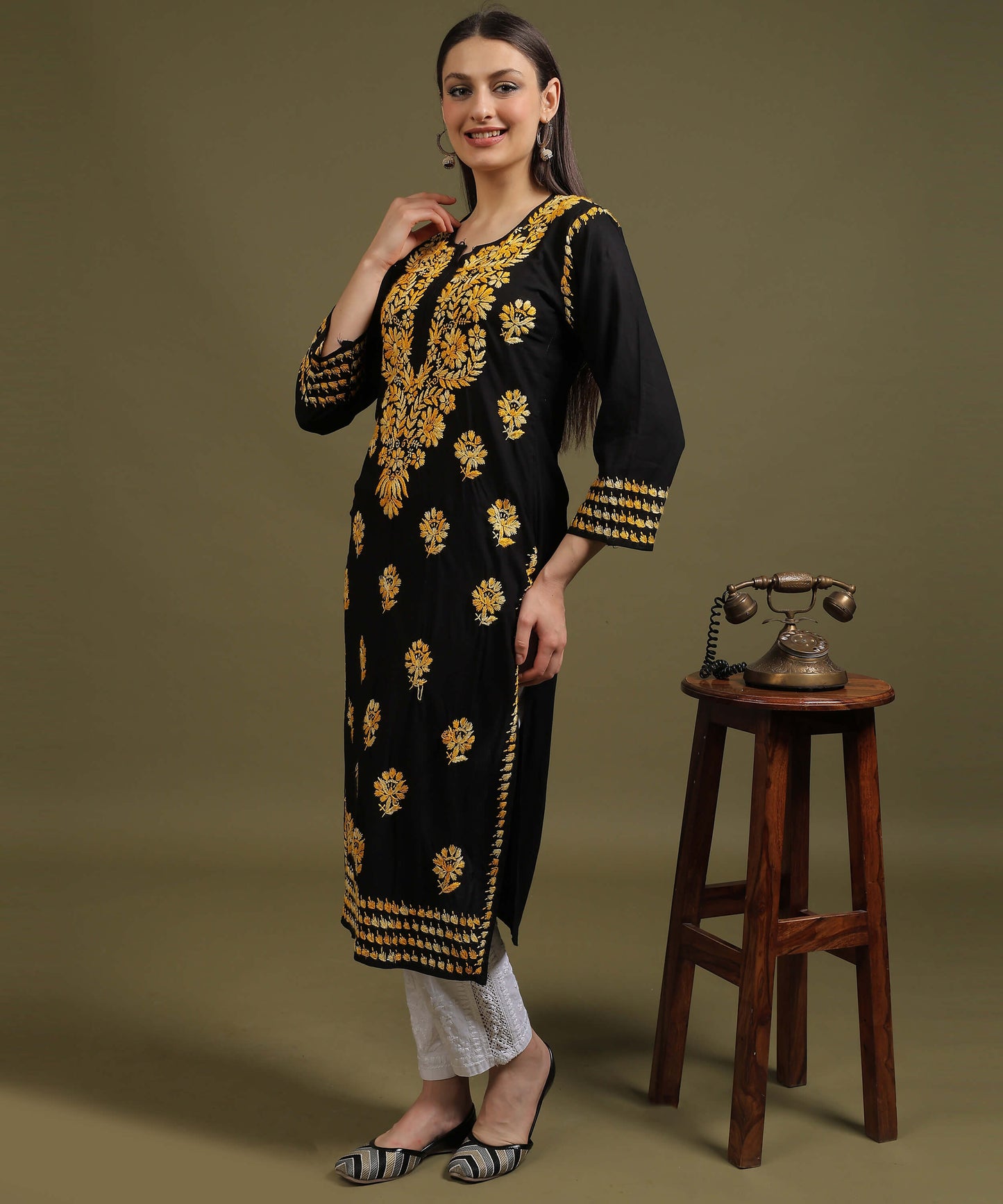 NEA Chikankari Black Rayon Kurti With Shaded Yellow Embroidery
