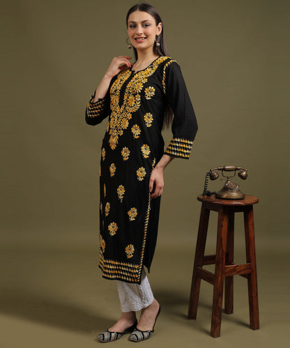 NEA Chikankari Black Rayon Kurti With Shaded Yellow Embroidery