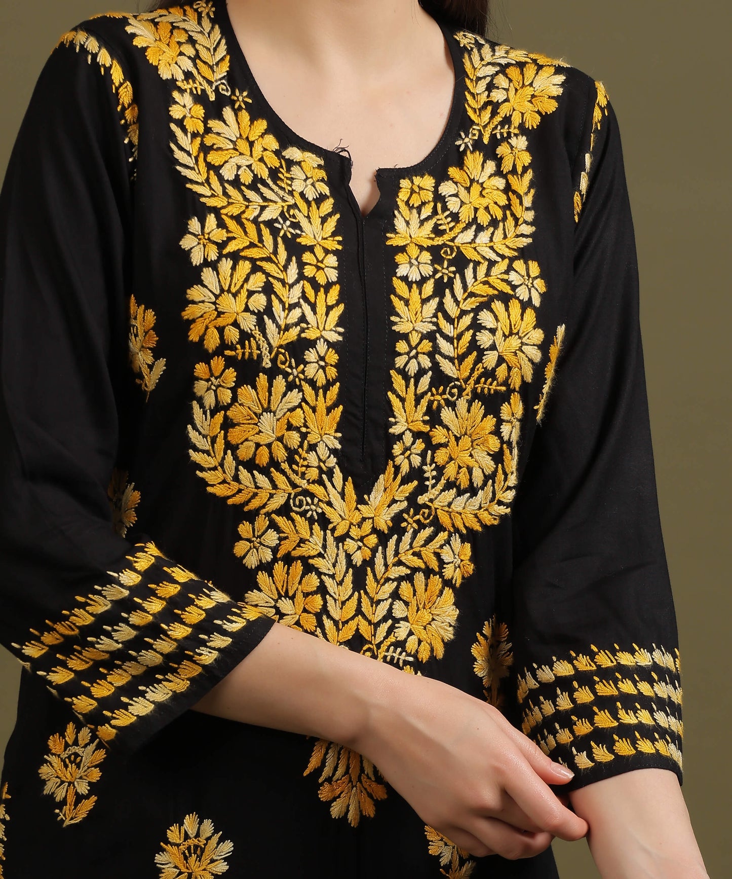 NEA Chikankari Black Rayon Kurti With Shaded Yellow Embroidery