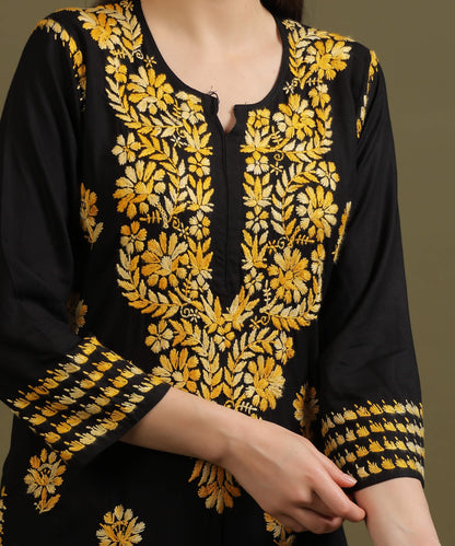 NEA Chikankari Black Rayon Kurti With Shaded Yellow Embroidery