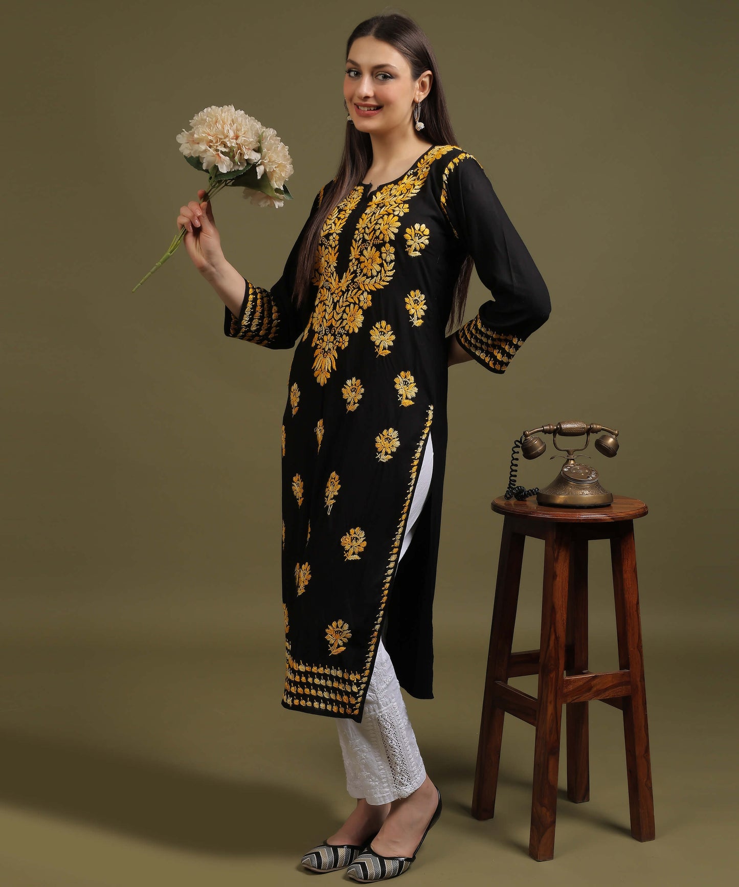 NEA Chikankari Black Rayon Kurti With Shaded Yellow Embroidery