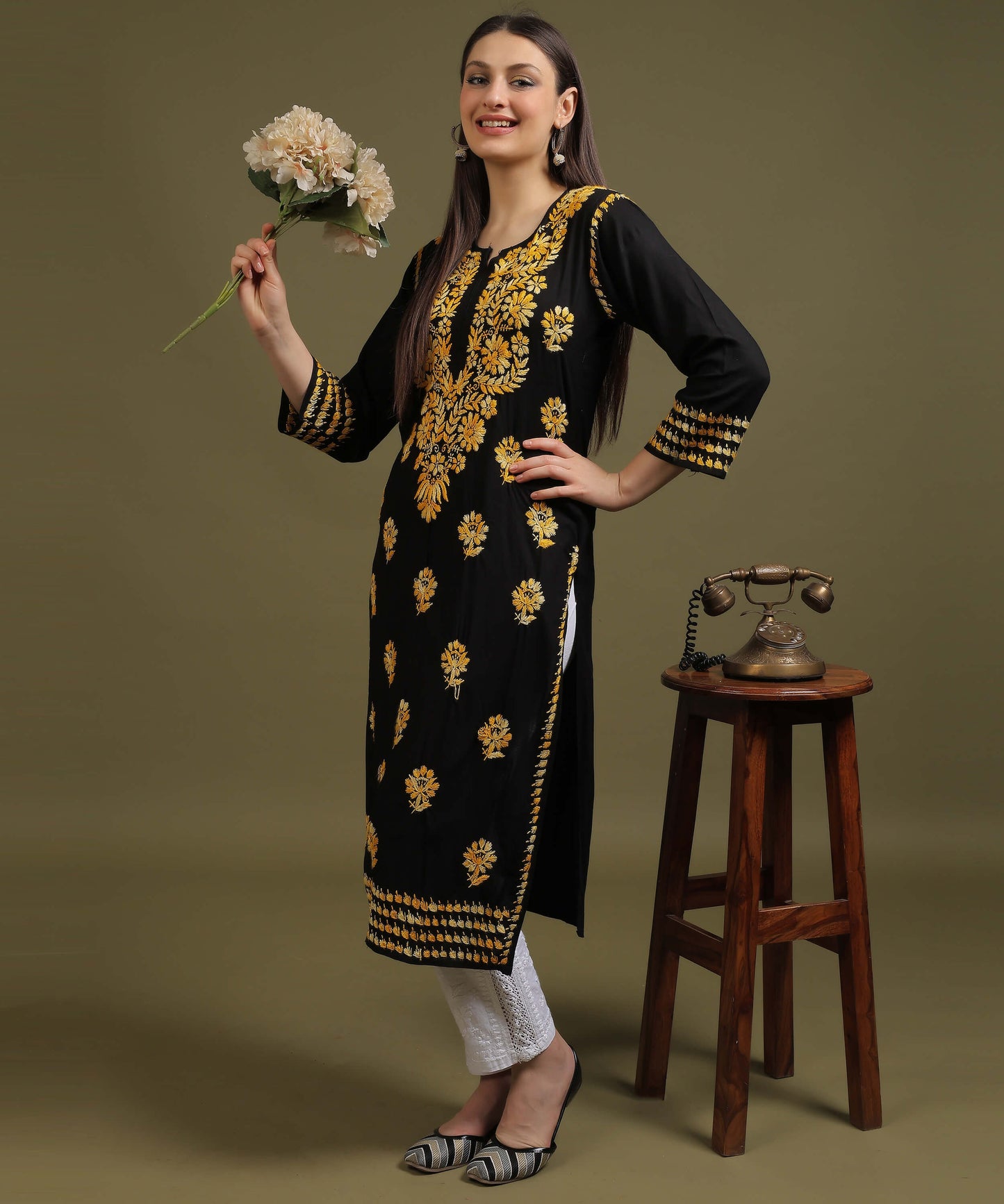 NEA Chikankari Black Rayon Kurti With Shaded Yellow Embroidery