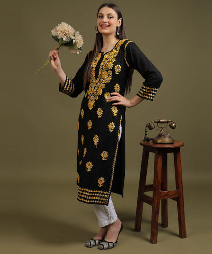 NEA Chikankari Black Rayon Kurti With Shaded Yellow Embroidery