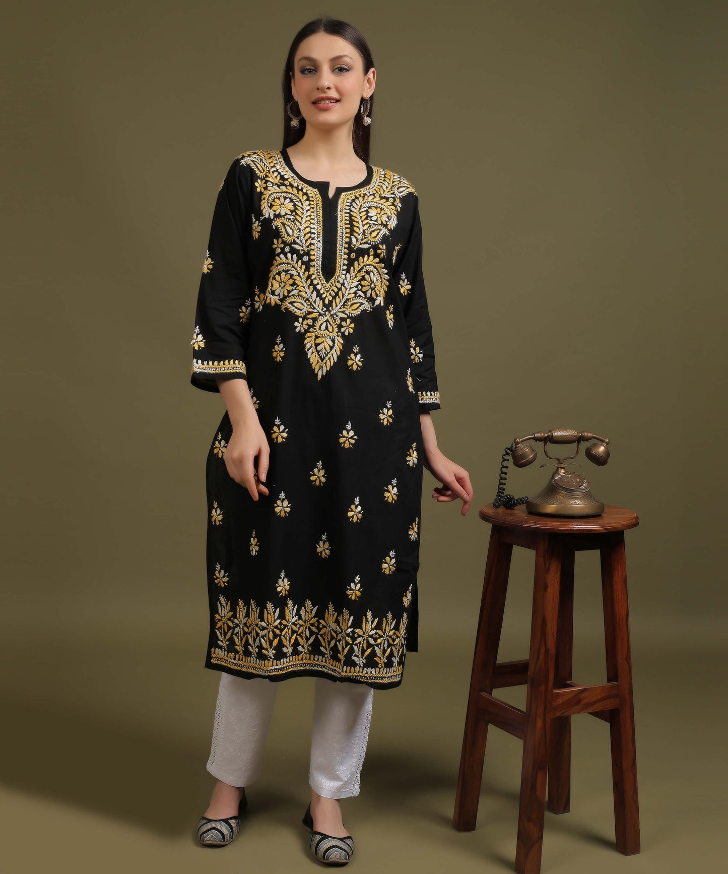 NEA Chikankari Black Cotton Kurti With Shaded Yelllow Embroidery