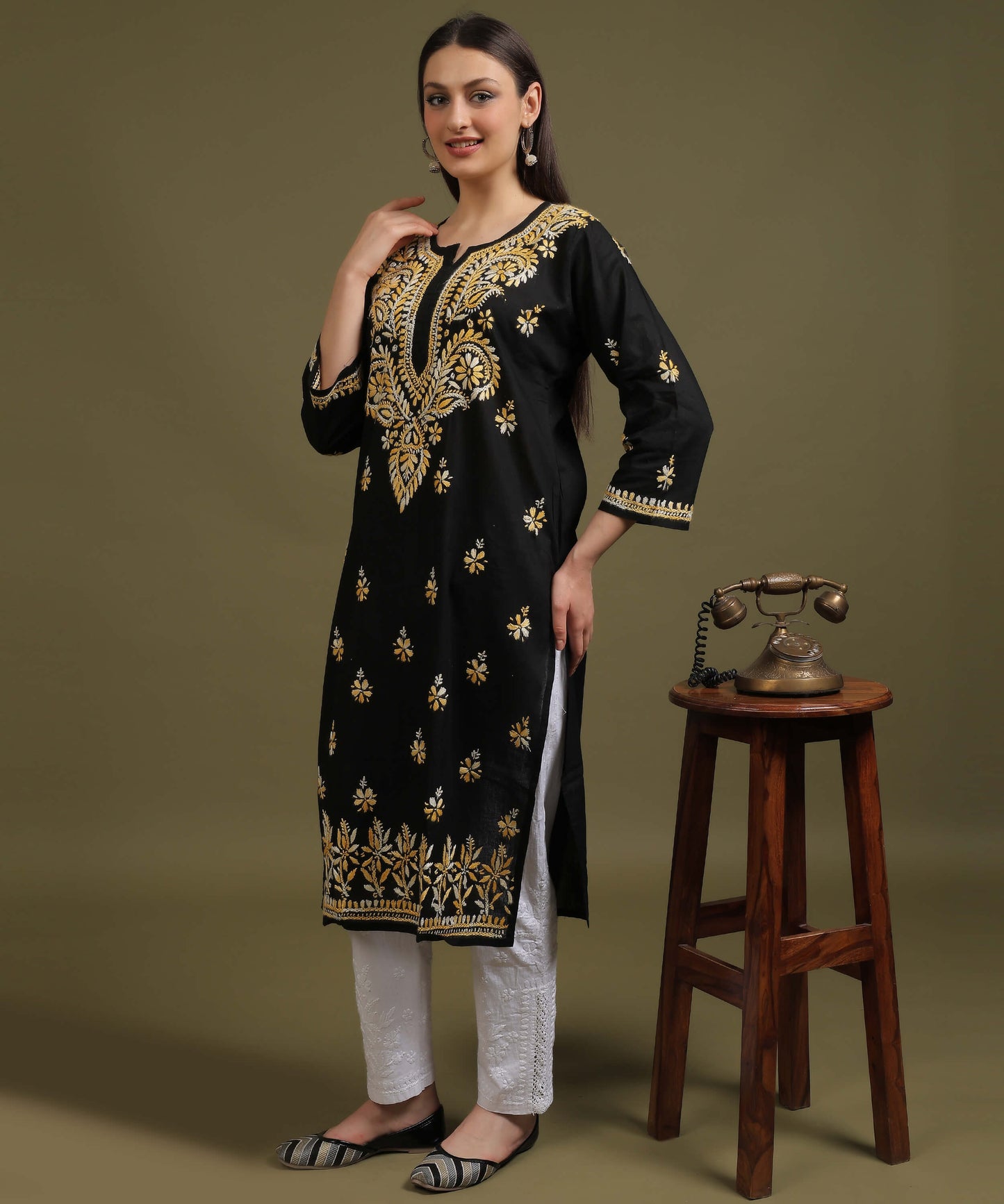 NEA Chikankari Black Cotton Kurti With Shaded Yelllow Embroidery
