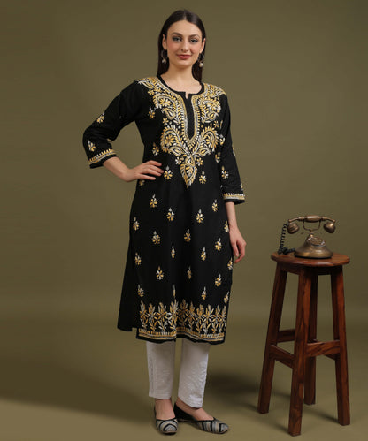 NEA Chikankari Black Cotton Kurti With Shaded Yelllow Embroidery