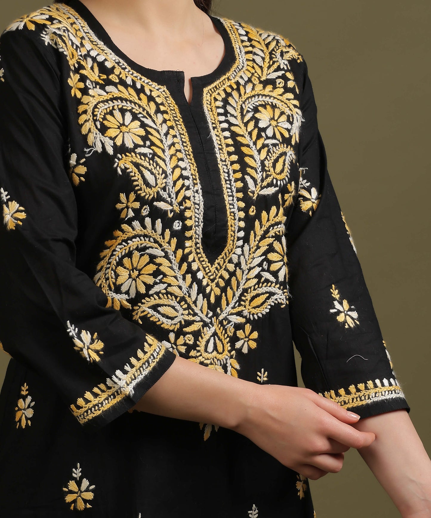 NEA Chikankari Black Cotton Kurti With Shaded Yelllow Embroidery