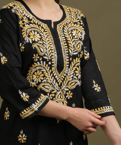 NEA Chikankari Black Cotton Kurti With Shaded Yelllow Embroidery