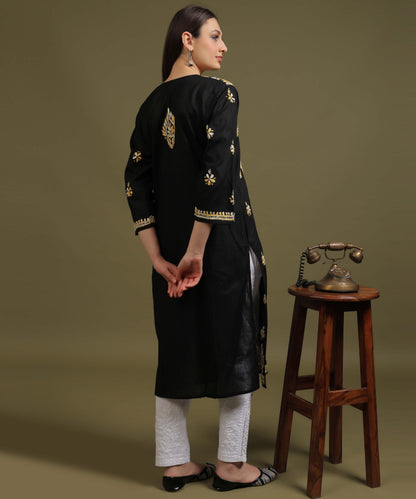 NEA Chikankari Black Cotton Kurti With Shaded Yelllow Embroidery
