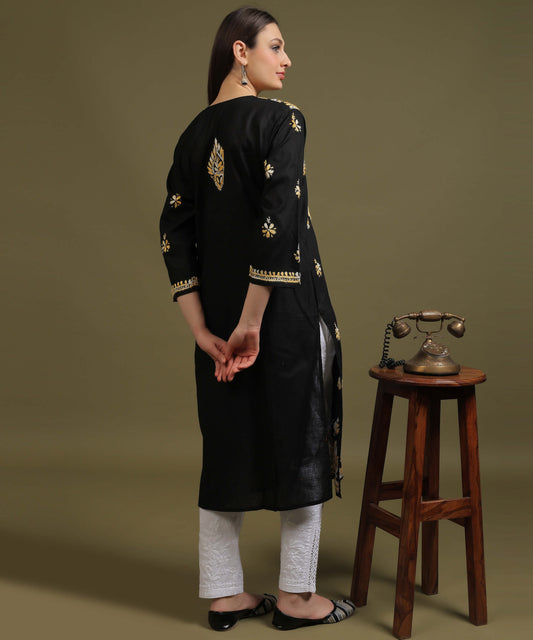 NEA Chikankari Black Cotton Kurti With Shaded Yelllow Embroidery