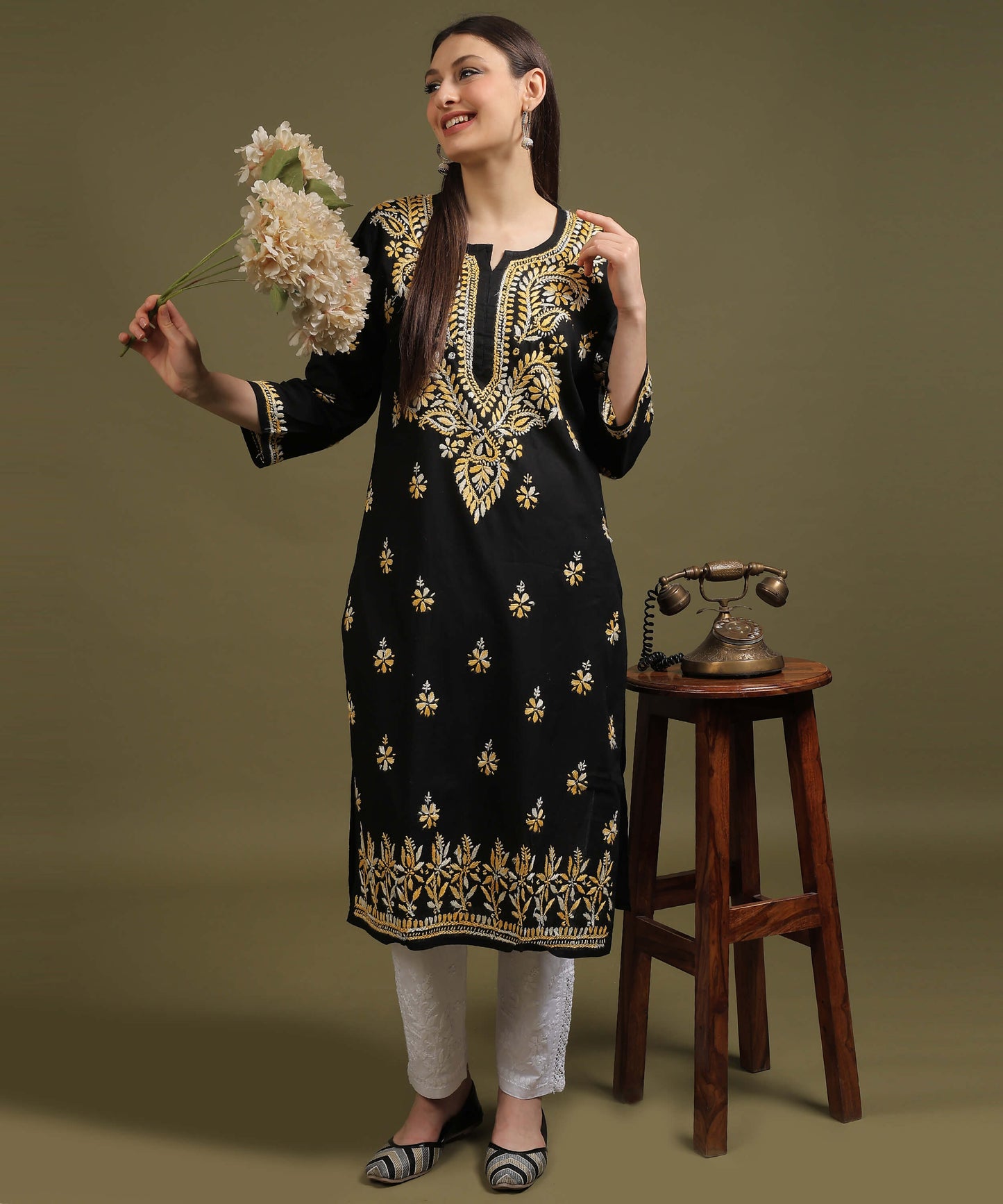 NEA Chikankari Black Cotton Kurti With Shaded Yelllow Embroidery