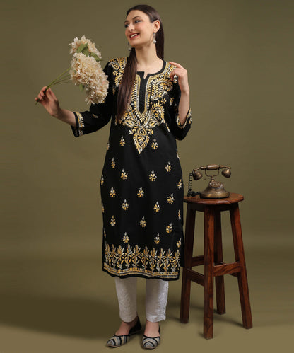 NEA Chikankari Black Cotton Kurti With Shaded Yelllow Embroidery
