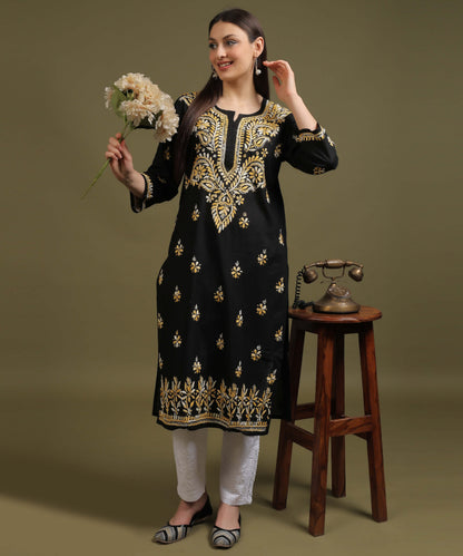 NEA Chikankari Black Cotton Kurti With Shaded Yelllow Embroidery