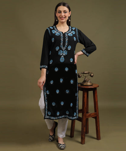 NEA Chikankari Black Rayon Kurti With Blue Embroidery