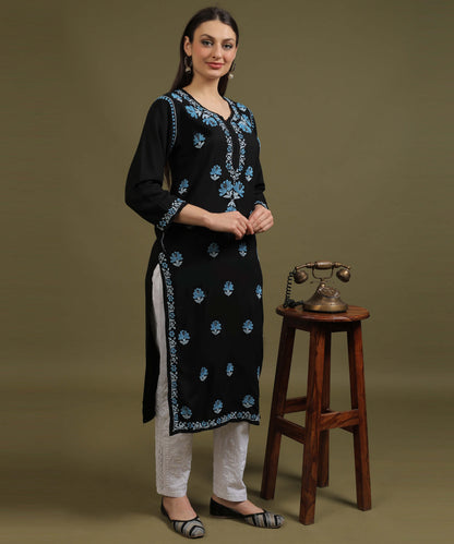 NEA Chikankari Black Rayon Kurti With Blue Embroidery