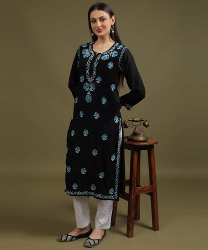 NEA Chikankari Black Rayon Kurti With Blue Embroidery