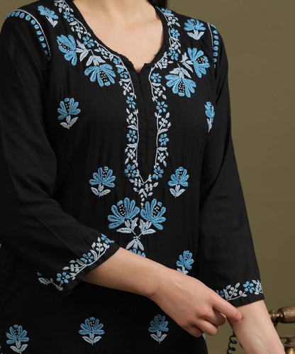 NEA Chikankari Black Rayon Kurti With Blue Embroidery