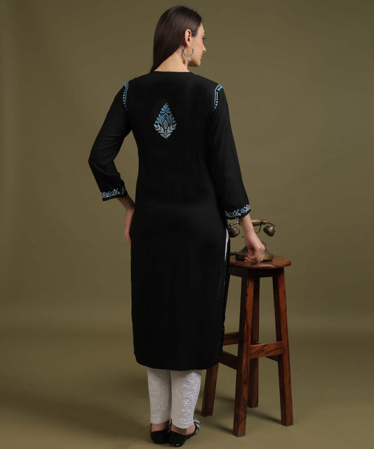 NEA Chikankari Black Rayon Kurti With Blue Embroidery