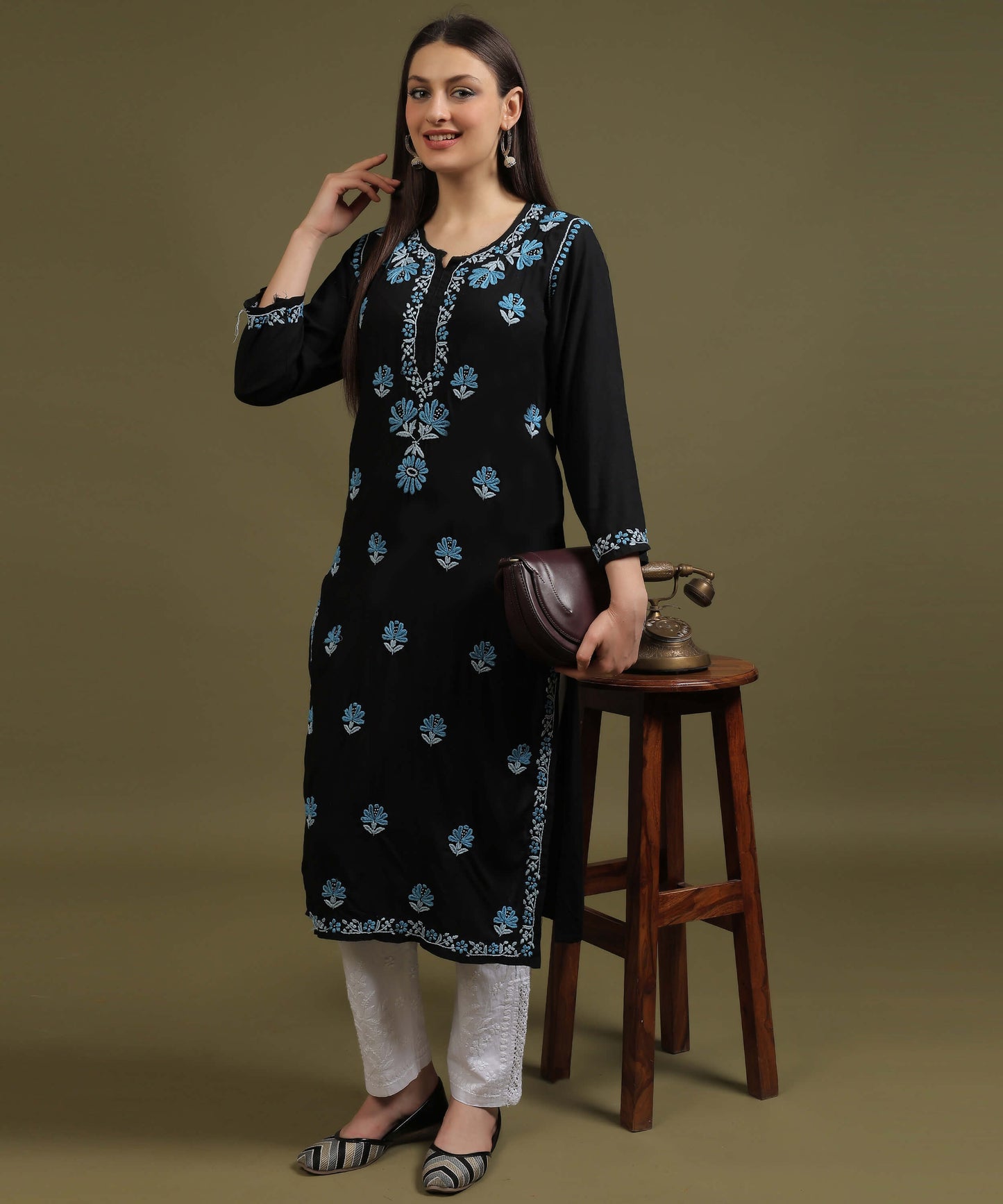 NEA Chikankari Black Rayon Kurti With Blue Embroidery