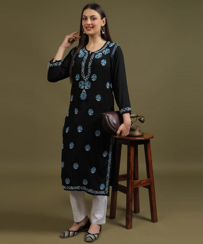 NEA Chikankari Black Rayon Kurti With Blue Embroidery