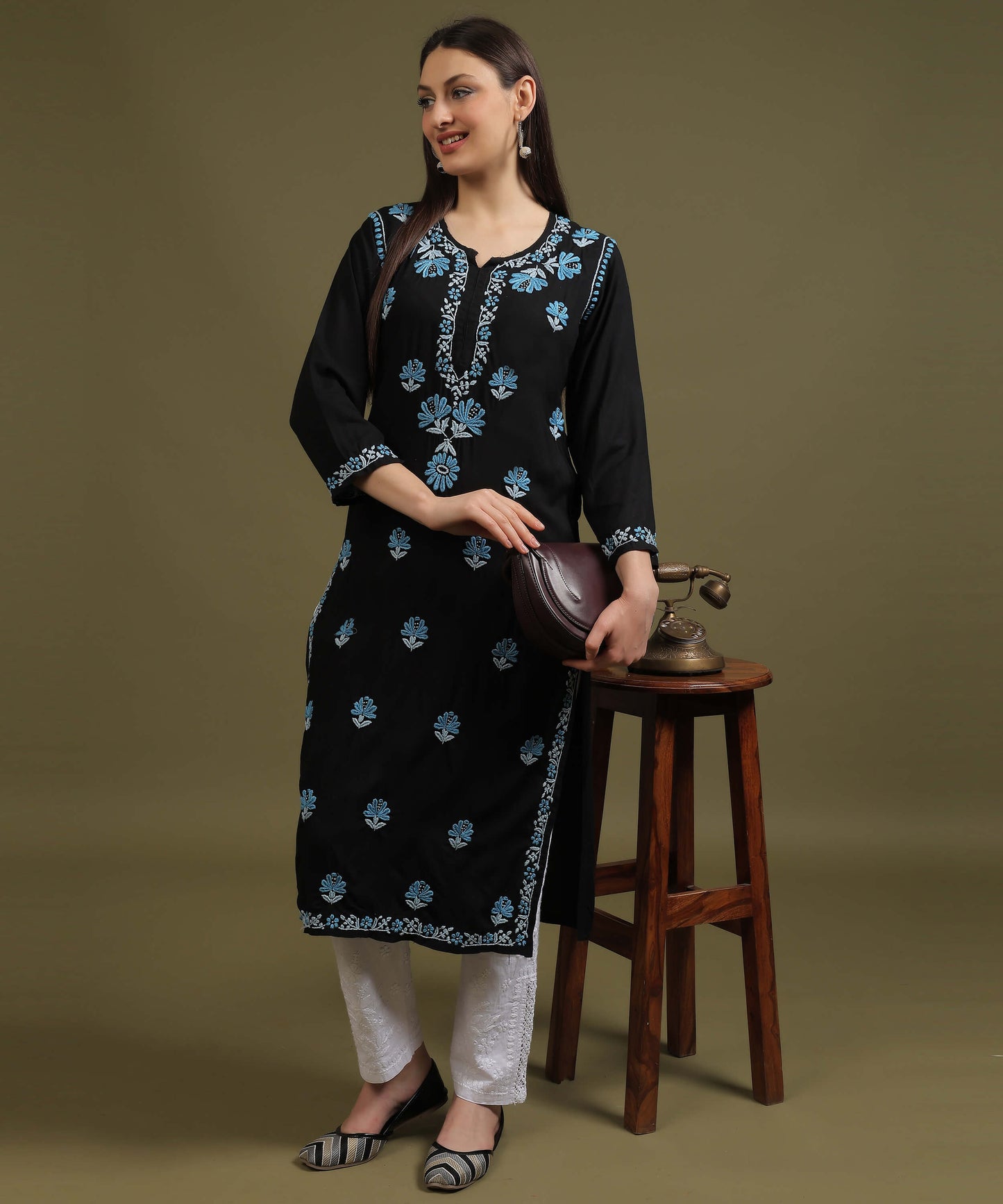 NEA Chikankari Black Rayon Kurti With Blue Embroidery