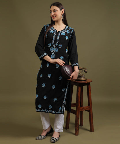 NEA Chikankari Black Rayon Kurti With Blue Embroidery