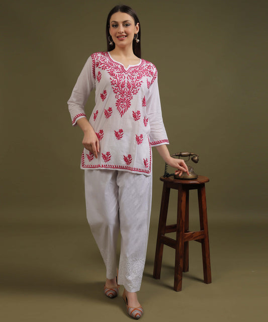 NEA Chikankari White Cambric Cotton Short Kurti With Pink Embroidery