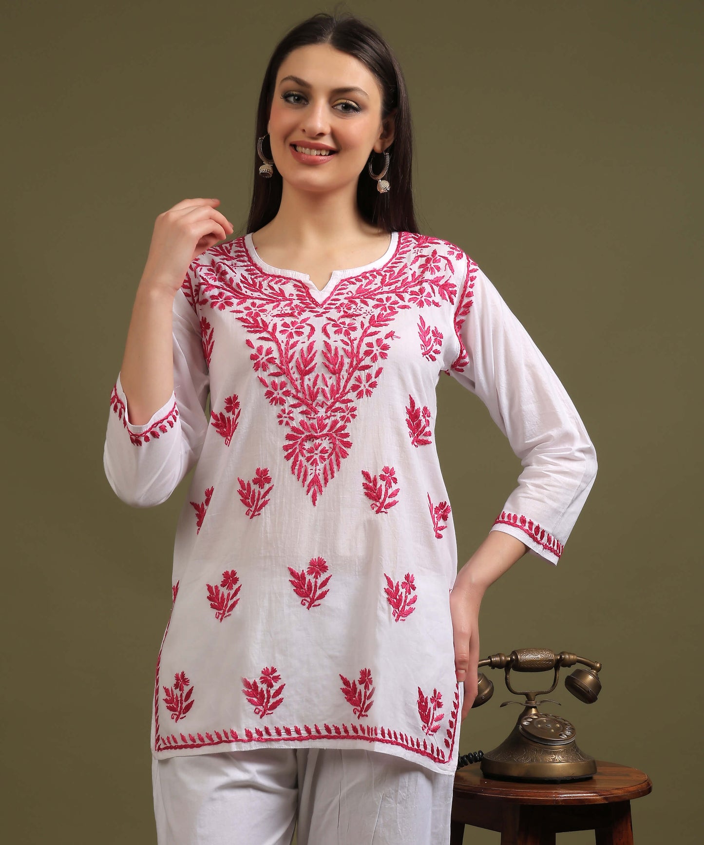 NEA Chikankari White Cambric Cotton Short Kurti With Pink Embroidery