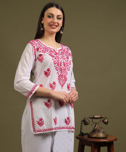 NEA Chikankari White Cambric Cotton Short Kurti With Pink Embroidery