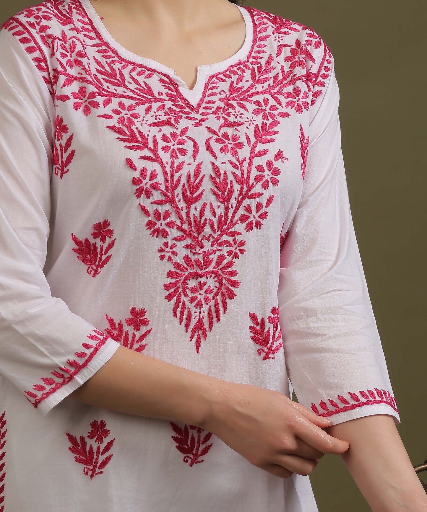 NEA Chikankari White Cambric Cotton Short Kurti With Pink Embroidery