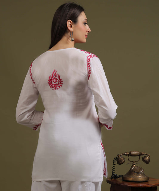 NEA Chikankari White Cambric Cotton Short Kurti With Pink Embroidery