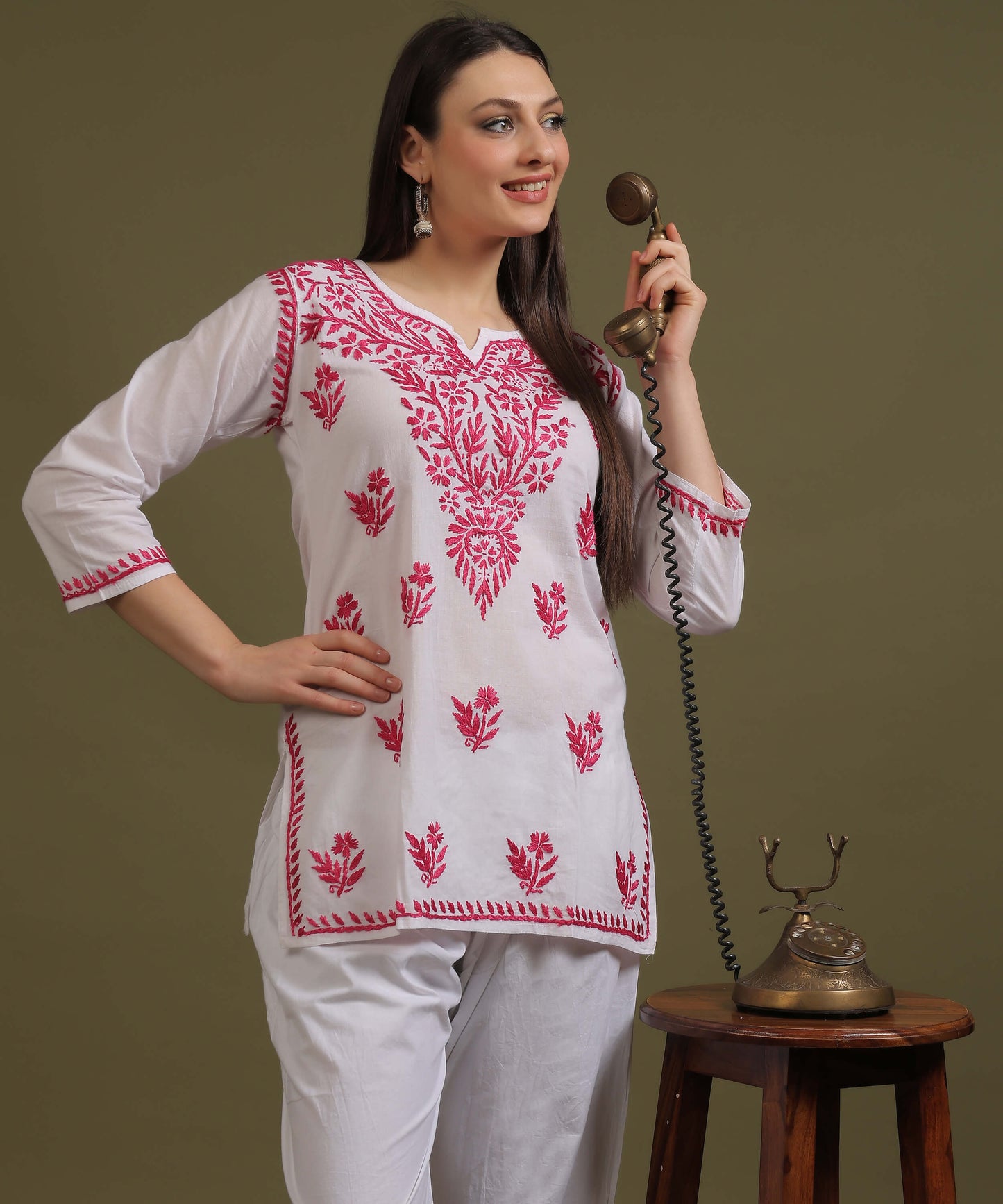 NEA Chikankari White Cambric Cotton Short Kurti With Pink Embroidery