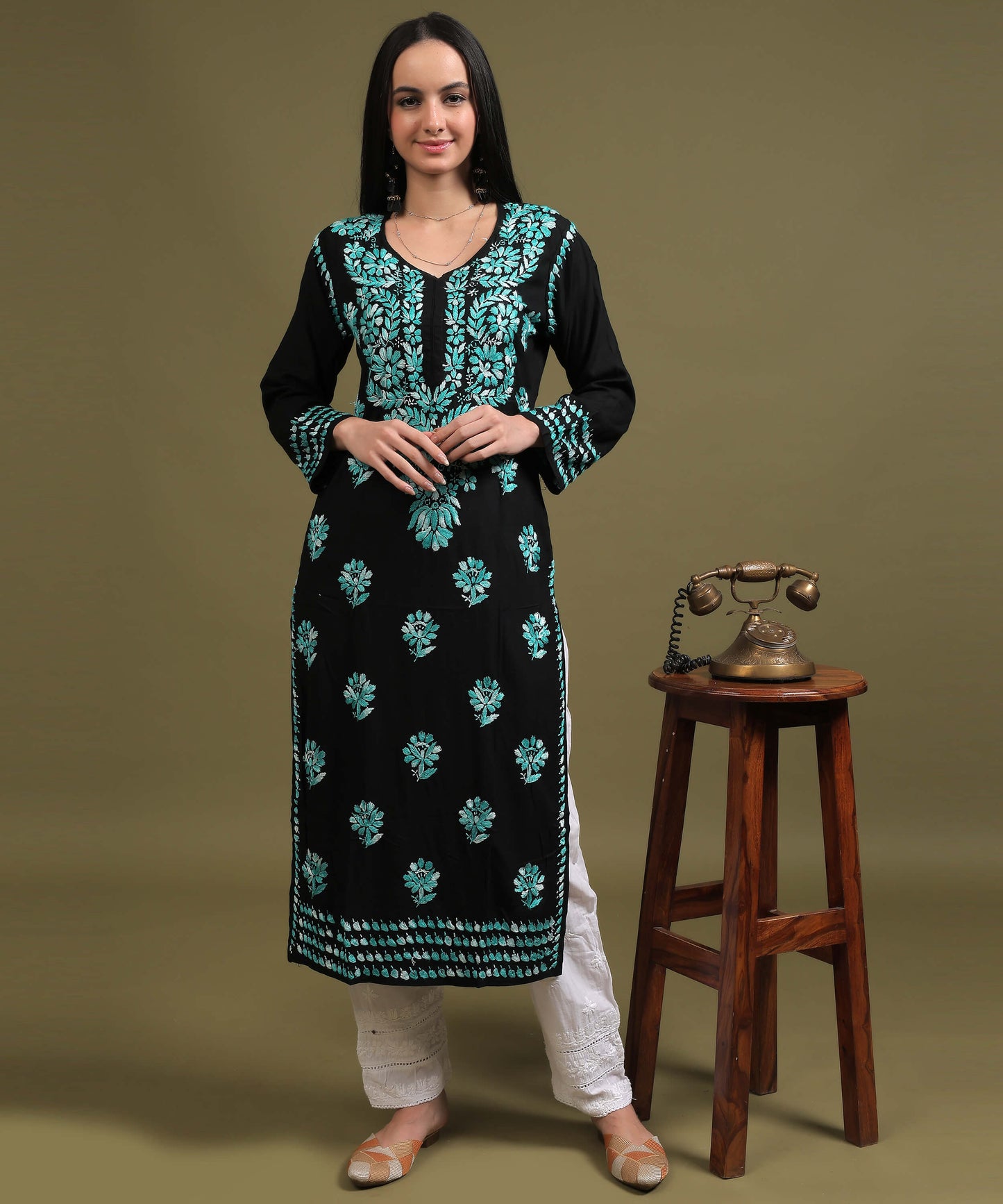NEA Chikankari Black Rayon Kurti With Sky Blue Embroidery