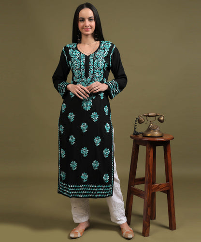 NEA Chikankari Black Rayon Kurti With Sky Blue Embroidery
