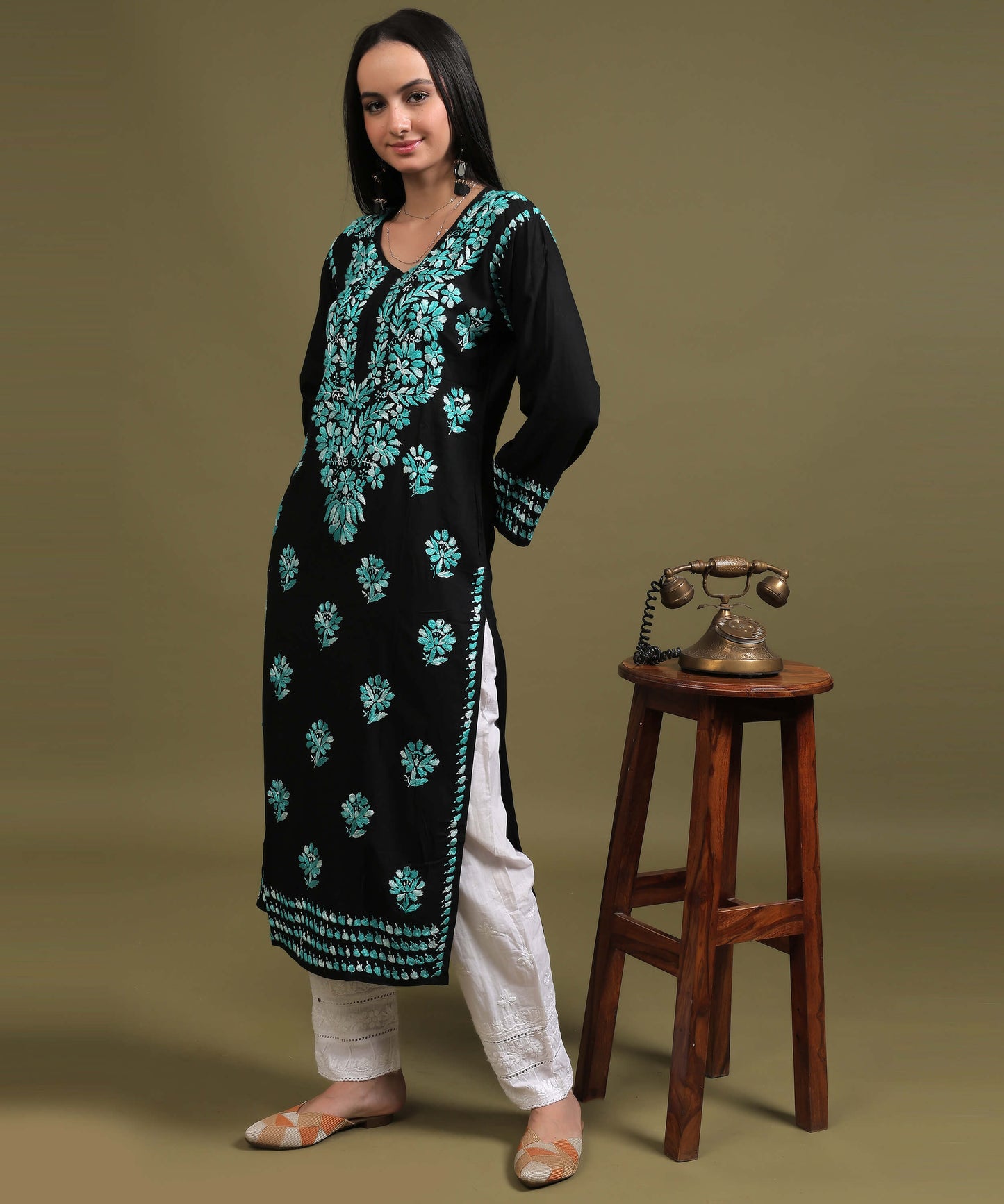 NEA Chikankari Black Rayon Kurti With Sky Blue Embroidery