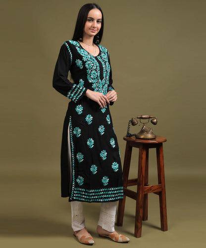 NEA Chikankari Black Rayon Kurti With Sky Blue Embroidery