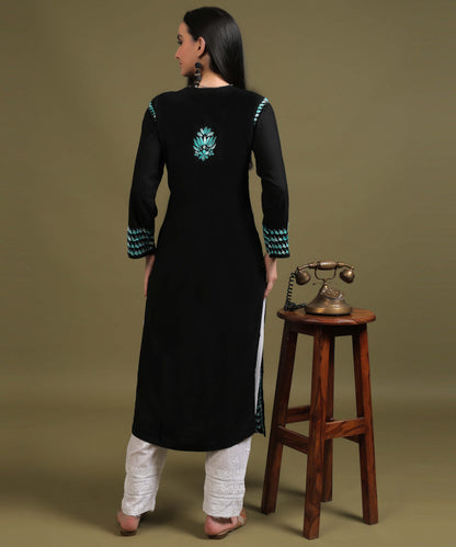 NEA Chikankari Black Rayon Kurti With Sky Blue Embroidery