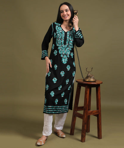 NEA Chikankari Black Rayon Kurti With Sky Blue Embroidery