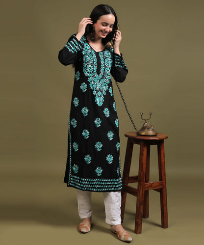 NEA Chikankari Black Rayon Kurti With Sky Blue Embroidery