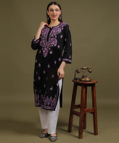 NEA Chikankari Black Cotton Kurti With Purple Embroidery